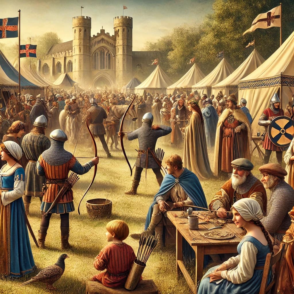 Illustrazione ispirata al Medioevo che raffigura i gruppi fondatori della Lega Arcieri Medievali (LAM) durante una rievocazione storica. Arcieri in abiti medievali praticano il tiro con l'arco in un contesto storico, tra castelli e borghi antichi.