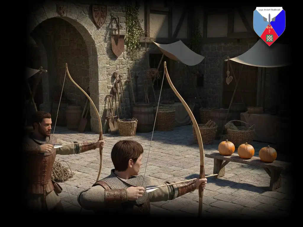 Arcieri medievali in abiti storici praticano il tiro con l'arco in un cortile fortificato, mirando a un bersaglio di paglia. Rievocazione storica di arcieri e arco medievale.