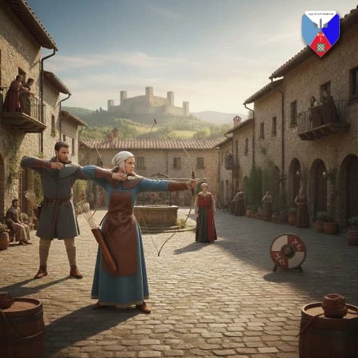 Arcieri medievali in abiti storici praticano il tiro con l'arco in un borgo antico, con un castello sullo sfondo. Rievocazione storica di arcieri storici e arco medievale.