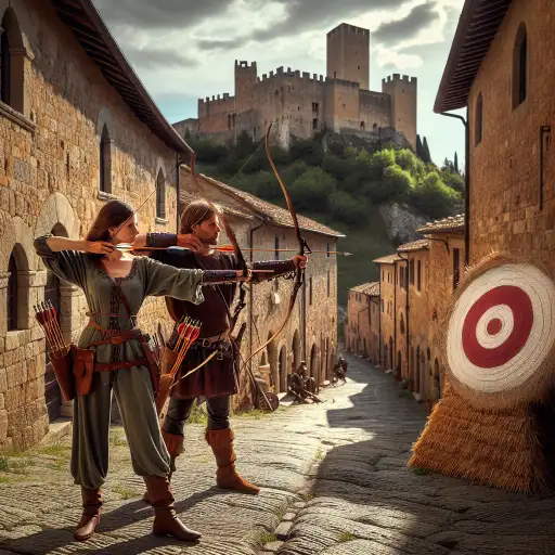 Arcieri medievali in abiti storici praticano il tiro con l'arco in un borgo antico, con un castello sullo sfondo. Rievocazione storica di arcieri storici e arco medievale.